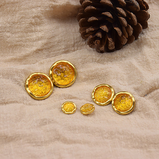 Lemon yellow resin gemstone buttons, gold rim, round assorted sizes (set of 12)
