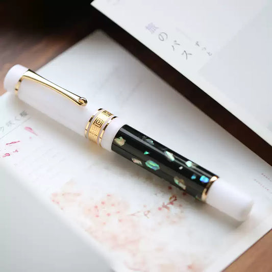 MAJOHN M400 Mother-of-Pearl Resin Fountain Pen Black & White EF Nib Luxury Gift Pen