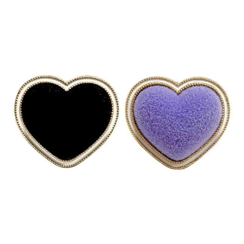 Heart metal buttons: purple flocked, white edge, gold-tone trim (20 pcs)