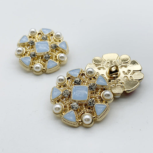 Vintage French-Inspired Rhinestone Round Metal Shank Buttons 12pcs Sky Blue