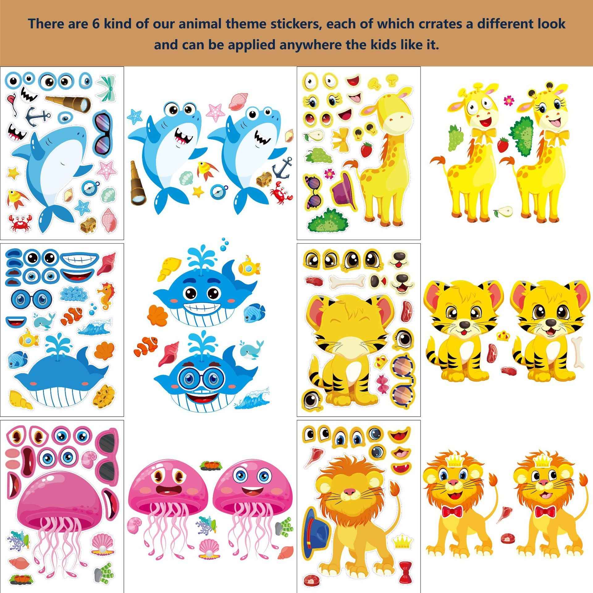 Make a Face Unicorn Dino Tiger DIY Stickers for Kids 24 Sheets