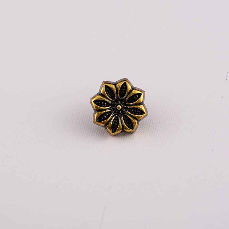 Antique bronze 10mm shirt button, eight-petal flower design with dark enamel
