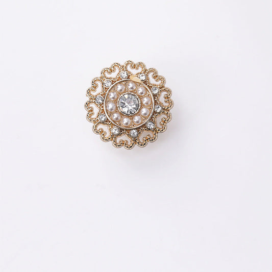 Gold round decorative button with pearl ring, center rhinestone, and lace filigree edge