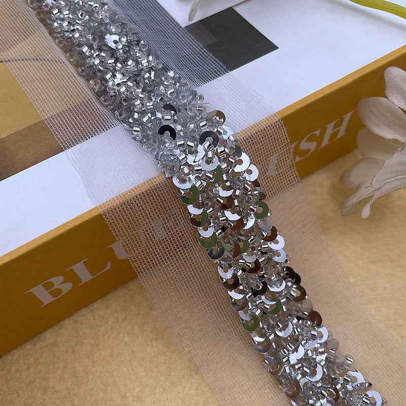 2cm silver mesh sequin lace trim, beaded sequins on sheer mesh, 5 yards