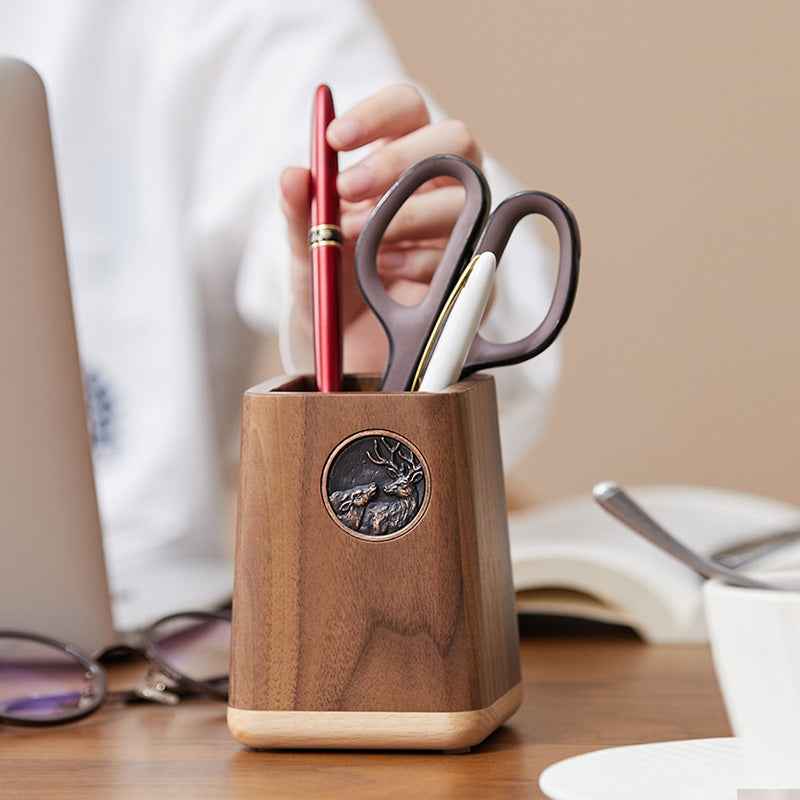 Black Walnut Wood Pen Holder - Nordic Minimalist Desktop Organizer
