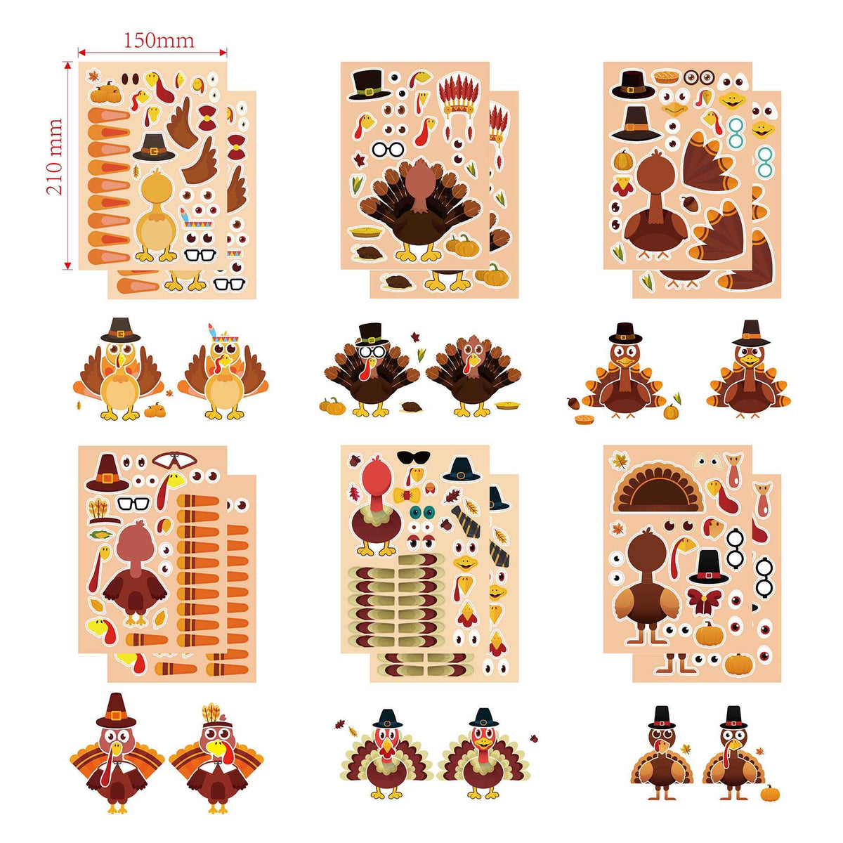 Pattern Sticker Turkey 36 Sheets Thanksgiving Make A Turkey Stickers for Kids