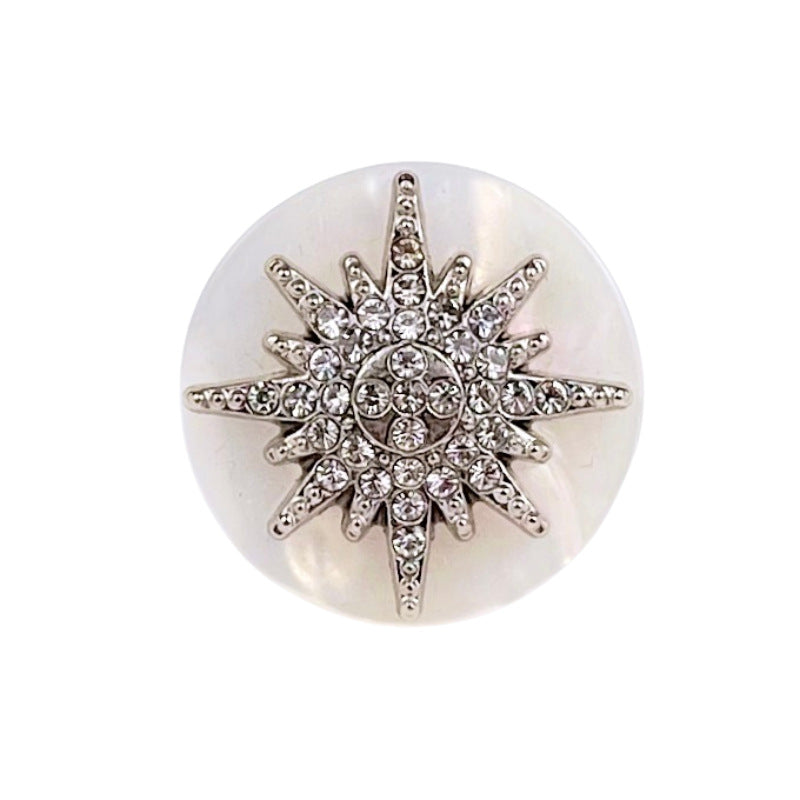 Silver-tone round snowflake resin button with crystal center, metal shank, 18–25mm