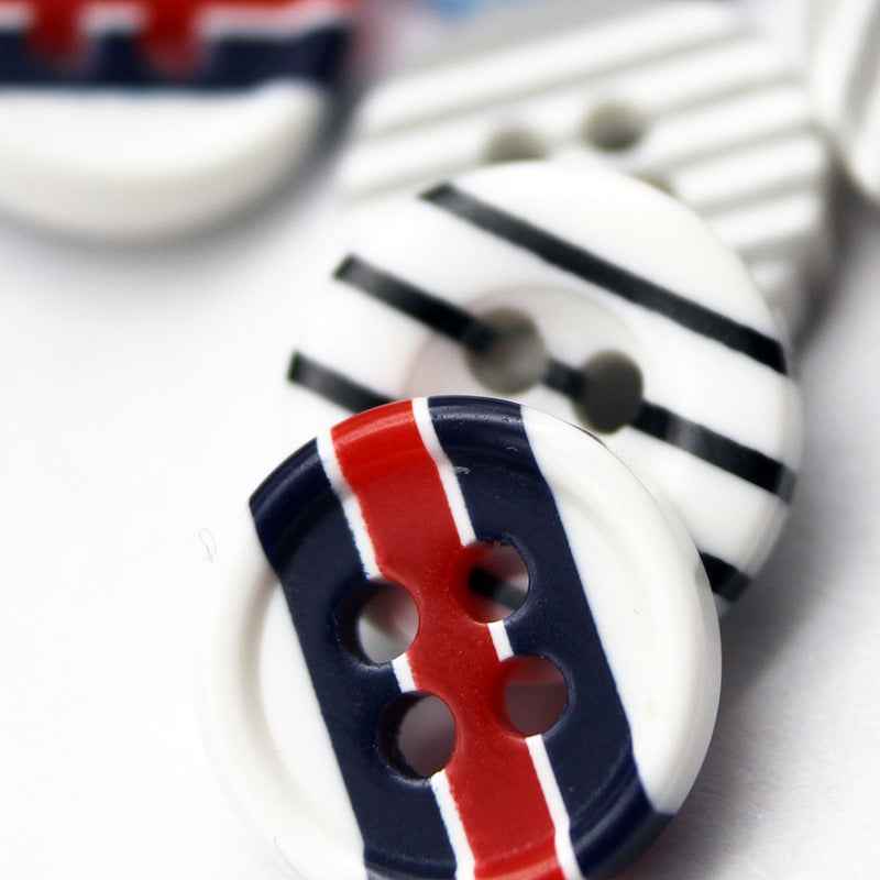 Dark navy and red striped resin button with four holes