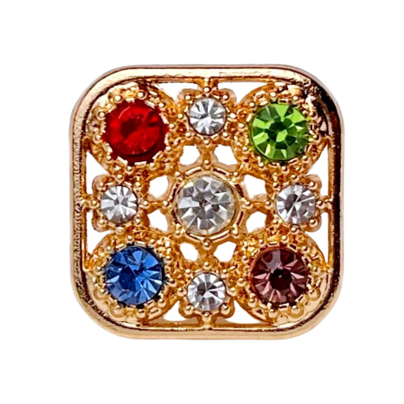 Gold square sweater buttons with multicolor gemstone-style stones, ornate filigree set