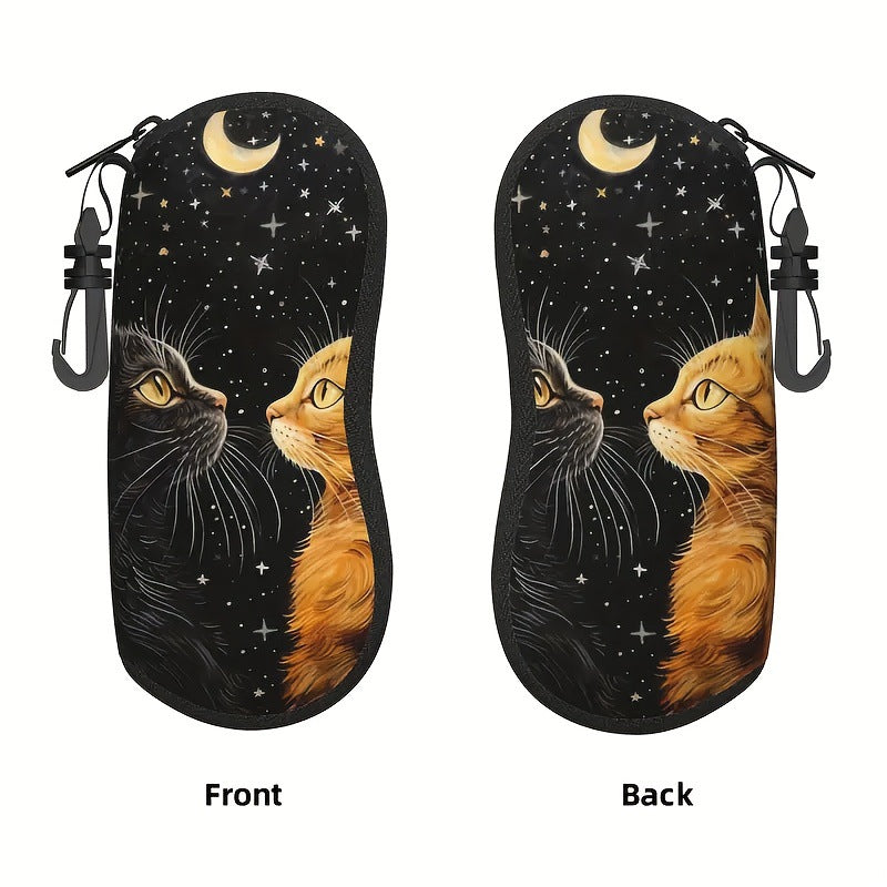 Two Cats Print Glasses Case - Soft Eyewear Pouch with Keychain 2PCS