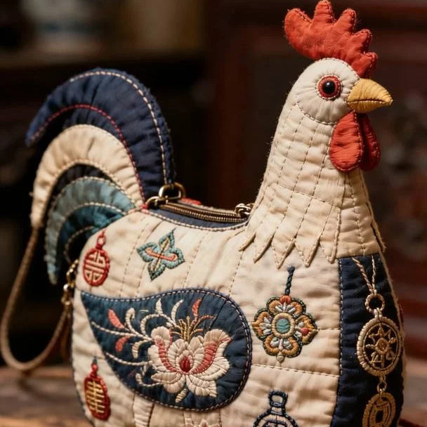 Handmade Rooster Embroidery Tote Bag – New Chinese Style Large-Capacity Fabric Shoulder Bag