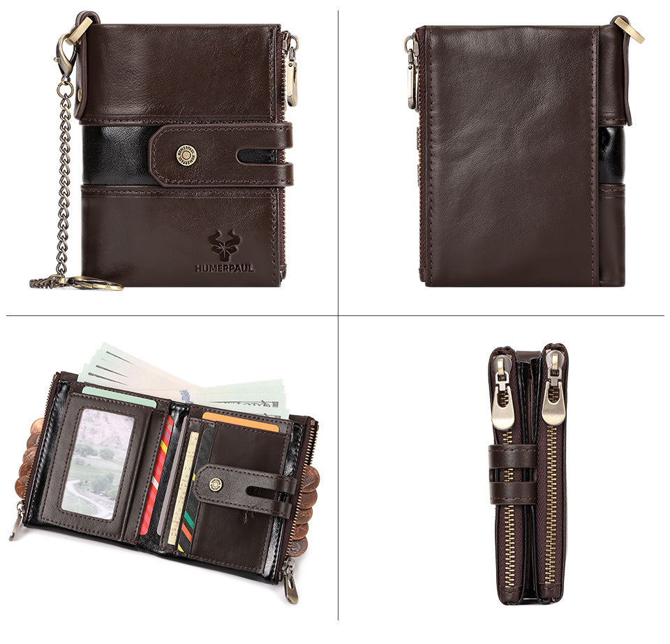 Men's Retro Leather Wallet,Double Zipper