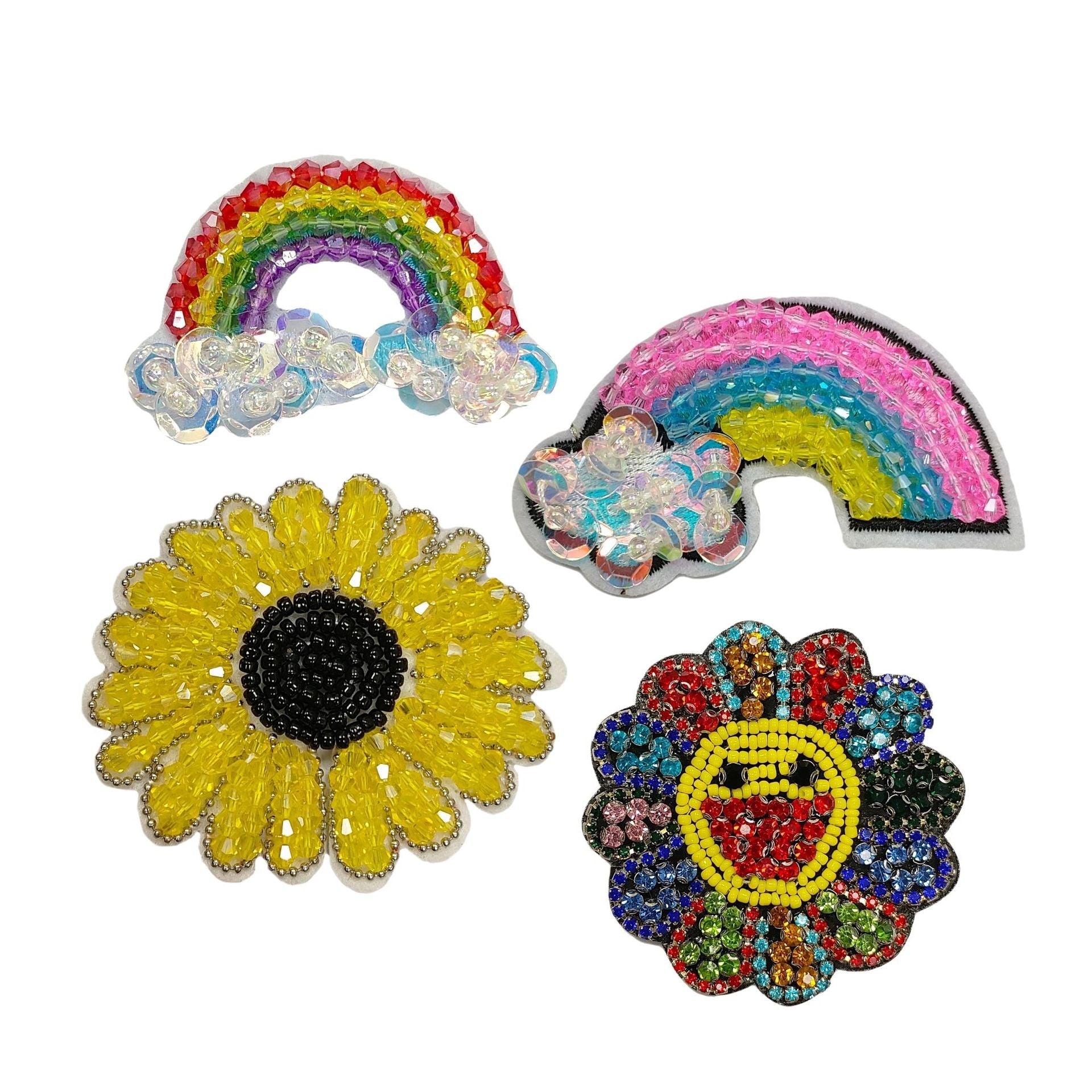 4-pack rhinestone applique patches: rainbow arc, yellow daisy, crystal flower