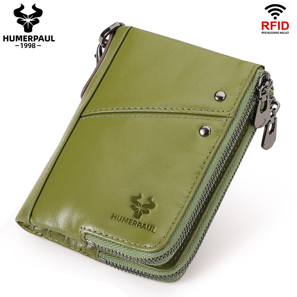 RFID Blocking Leather Short Wallet with Double Zipper Green