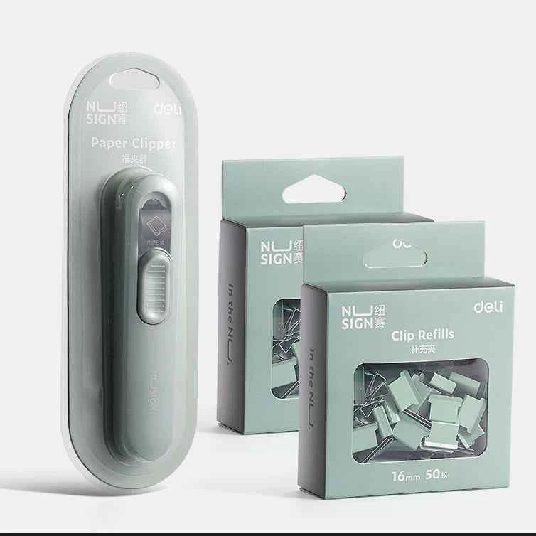 Deli Nusign Push Clip Dispenser with 100 Clips 16mm Green