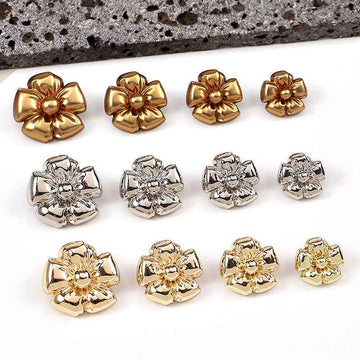 Floral metal shank buttons, assorted gold, silver, and tea gold flower designs (20 pcs)