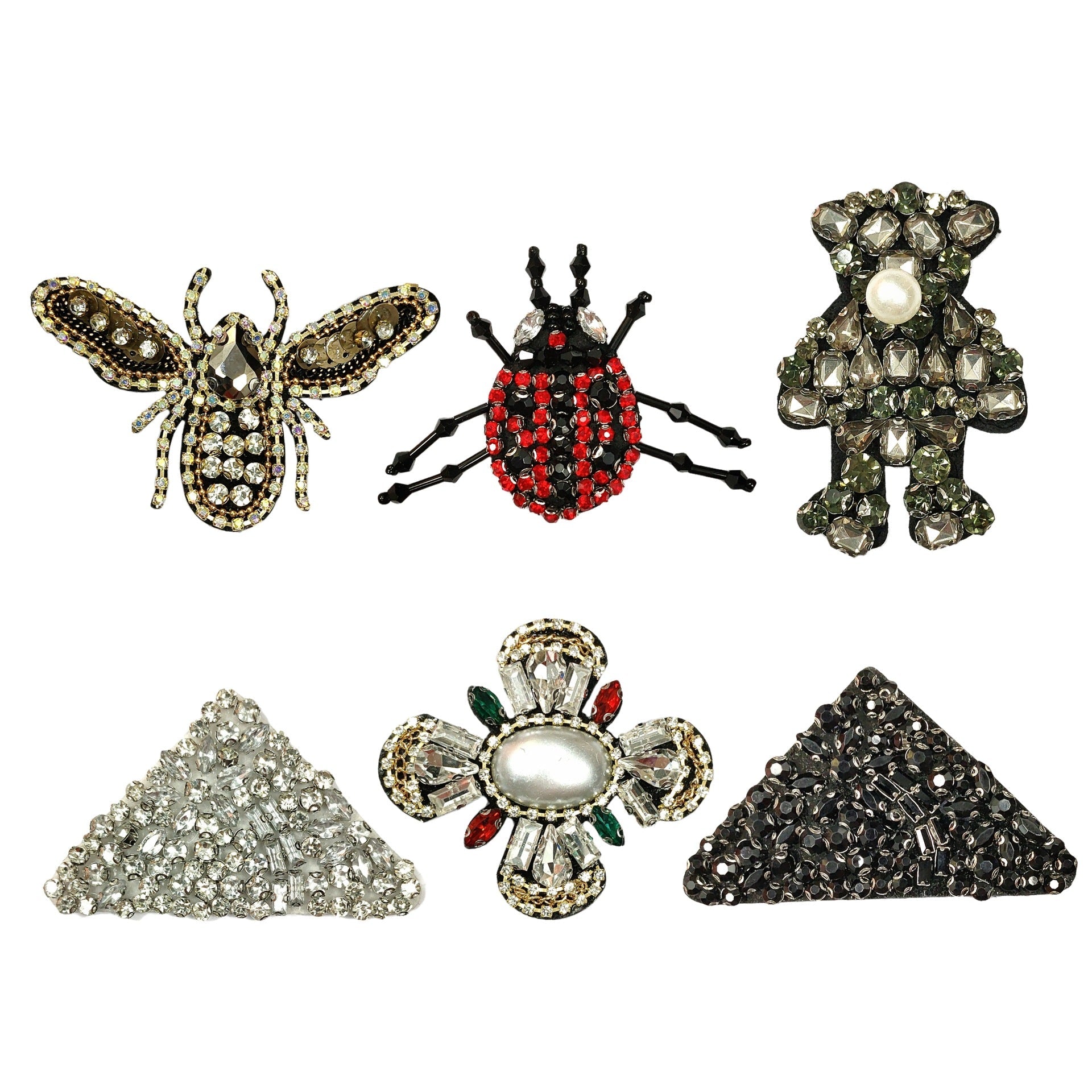 6er Set Strass-Patches mit Biene, Marienkäfer, Bär, Blume und Dreiecken