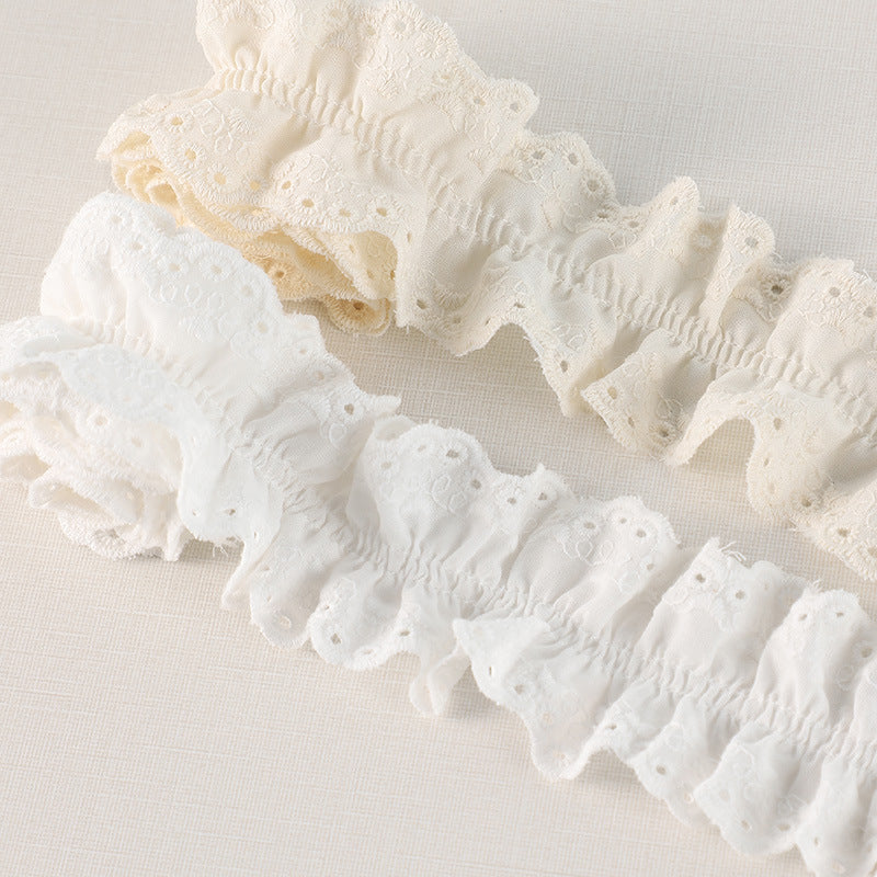 Beige/ivory 3D cotton pleated lace trim, textured eyelet lace with ruched scalloped edge
