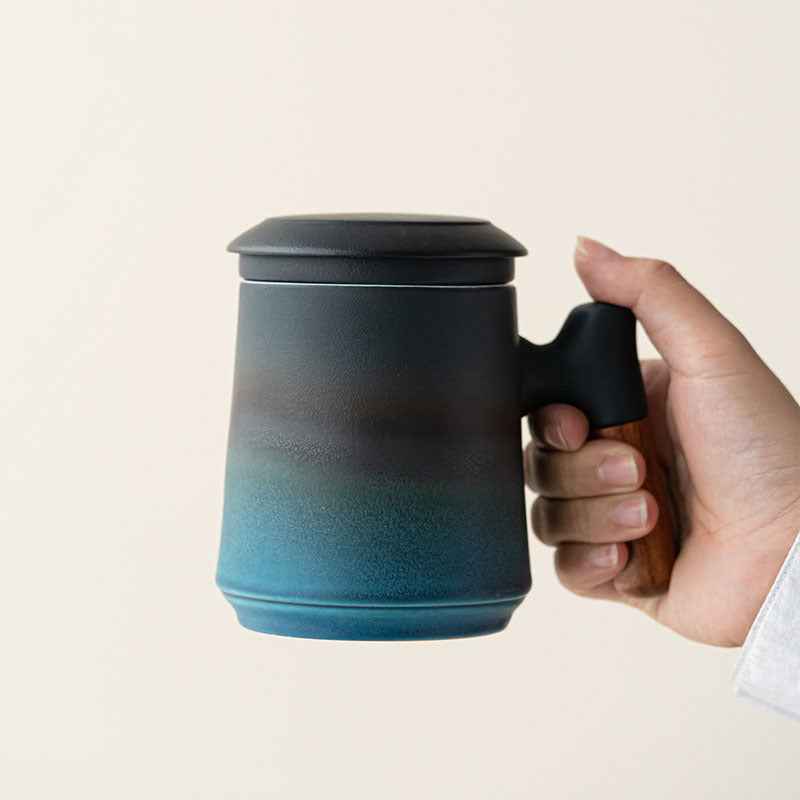 Gradient Tea Cup Mug with Infuser and Lid, 14.5oz Wood Handle