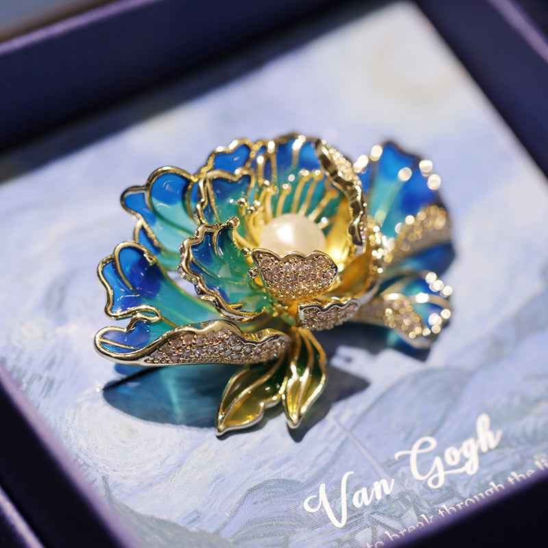 Peony enamel brooch pin with blue petals, green highlights, pearl centerpiece and gold leaf