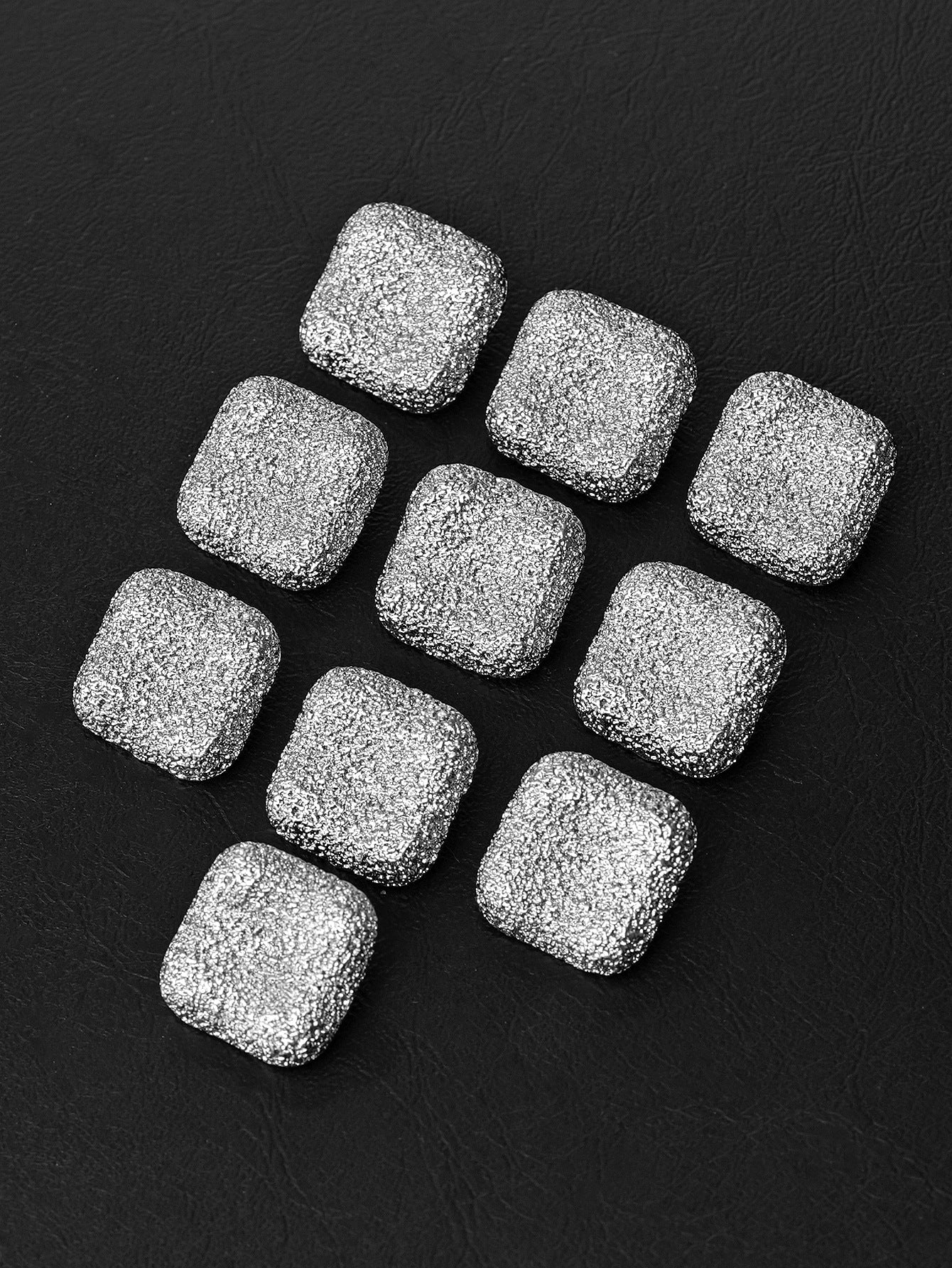Square matte textured metal shank buttons in silver, assorted pieces