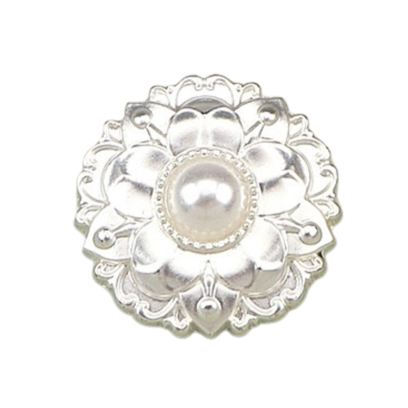 Peony pearl metal button 18/23mm, white pearl center, white-tone filigree floral border