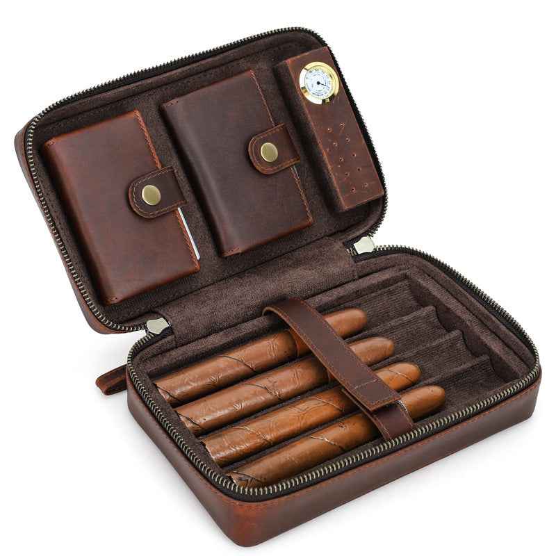 4-Stick Genuine Leather Portable Cigar Case with Hygrometer