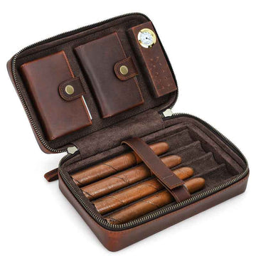 4-Stick Genuine Leather Portable Cigar Case with Hygrometer