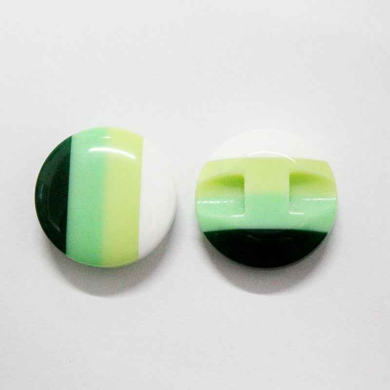 Colorful striped resin buttons in green tones, one with dark green and light green stripes