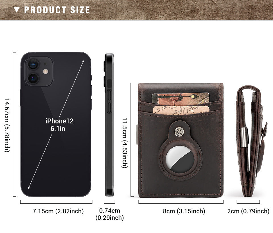 RFID Top Grain Leather Card Holder Wallet with AirTag Slot
