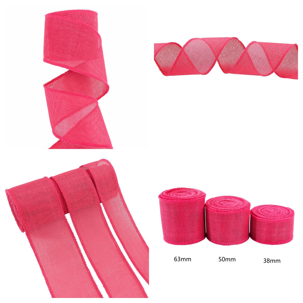 Pink cotton ribbon garden ties, 3 pack—38mm, 50mm, 63mm rolled ribbon.