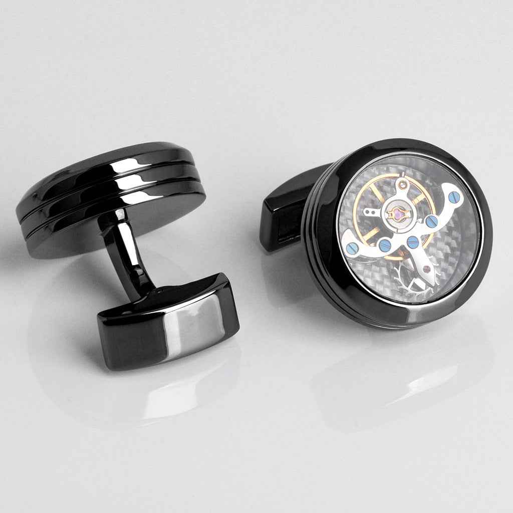 Black tourbillon movement cufflinks with brushed silver bar backs