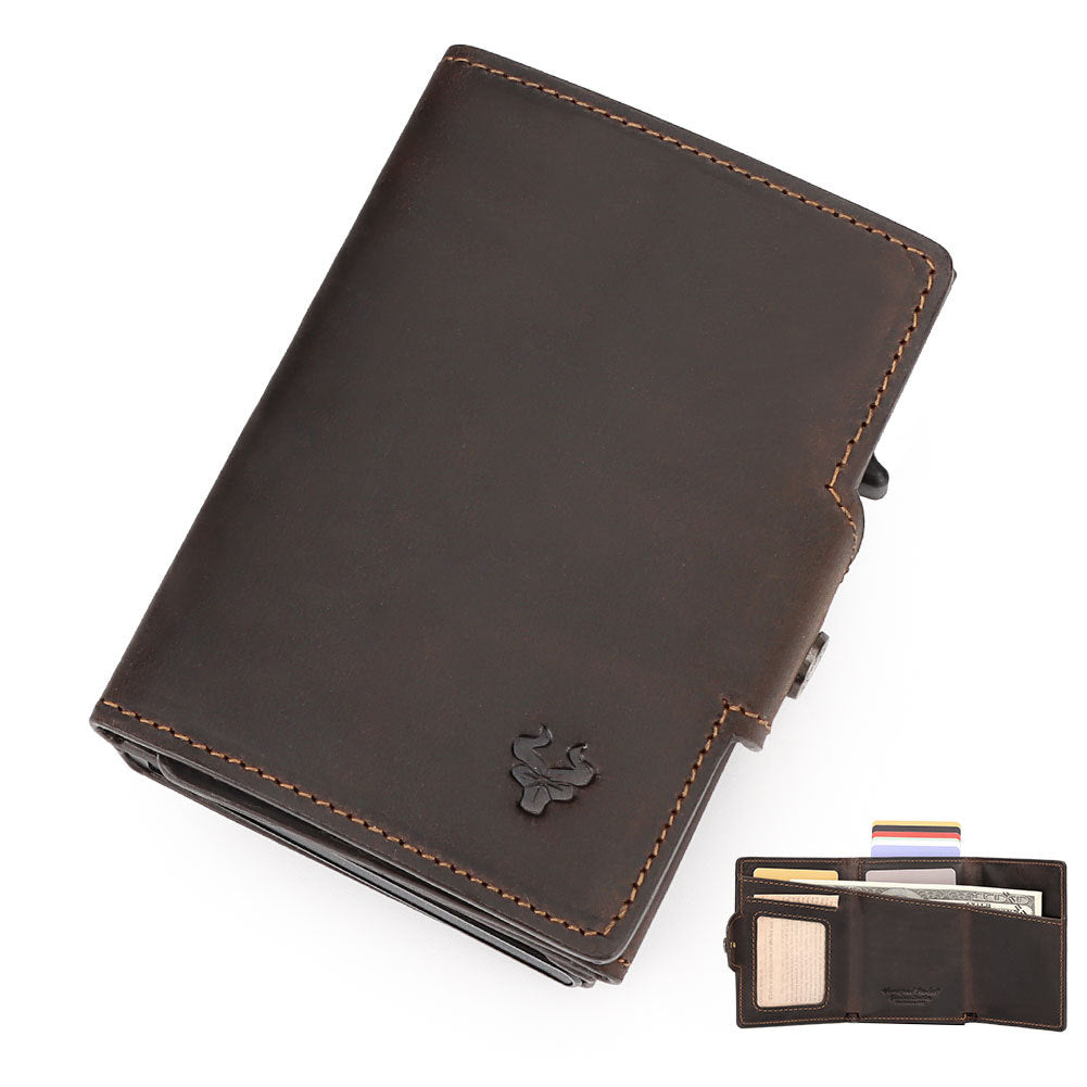 Waxed Leather Wallet Coin Purse,Auto-Eject RFID Metal Card Case Coffee