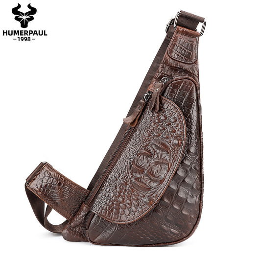 Men's Genuine Leather Chest Sling Bag,Alligator Pattern Triangle Coffee
