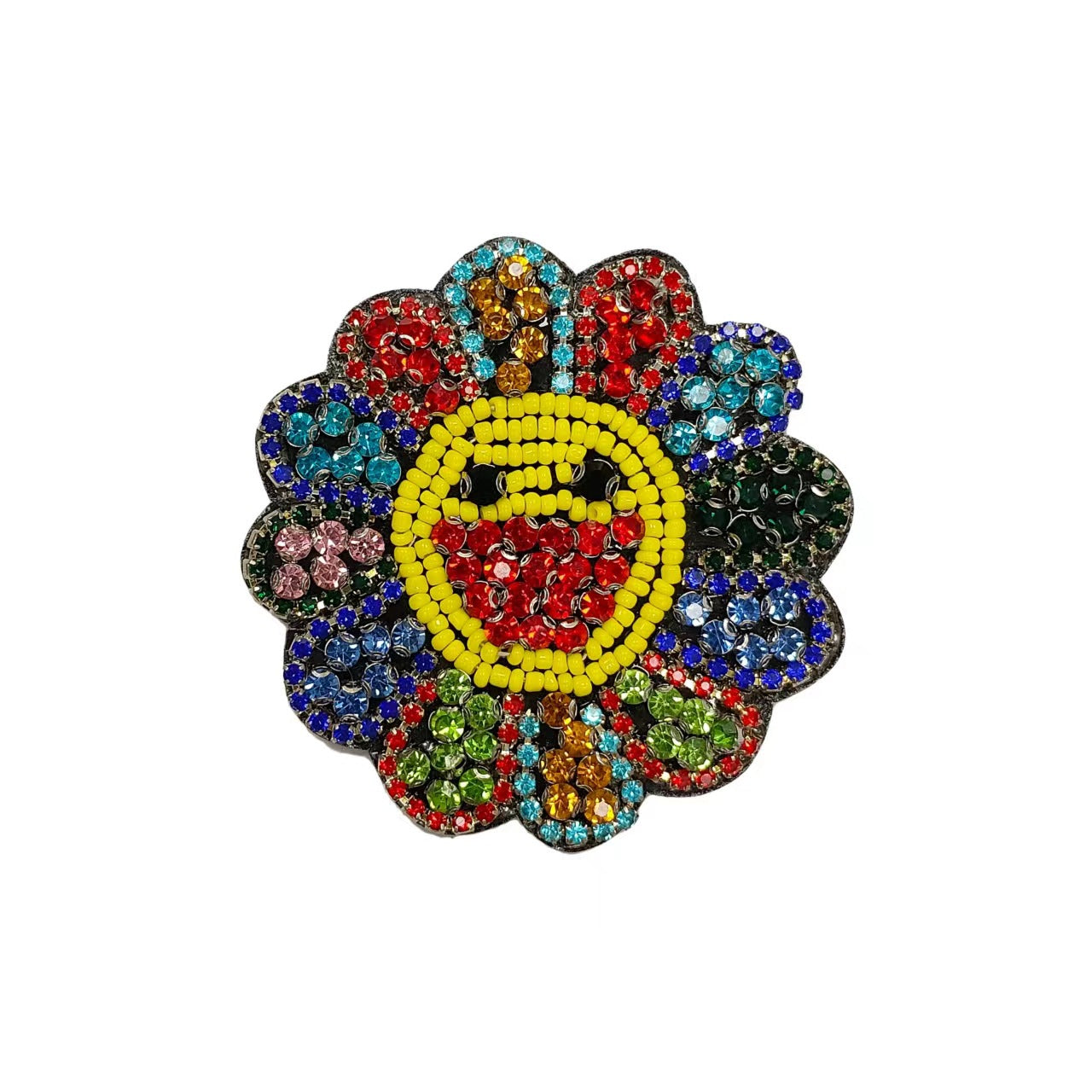 Crystal rhinestone cartoon flower patch with smiling sun in the center