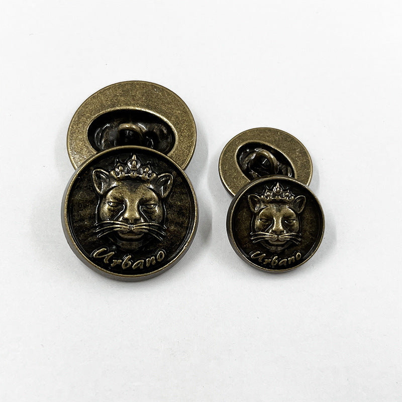 Bronze cat head sewing buttons with crown, back view with loop shank