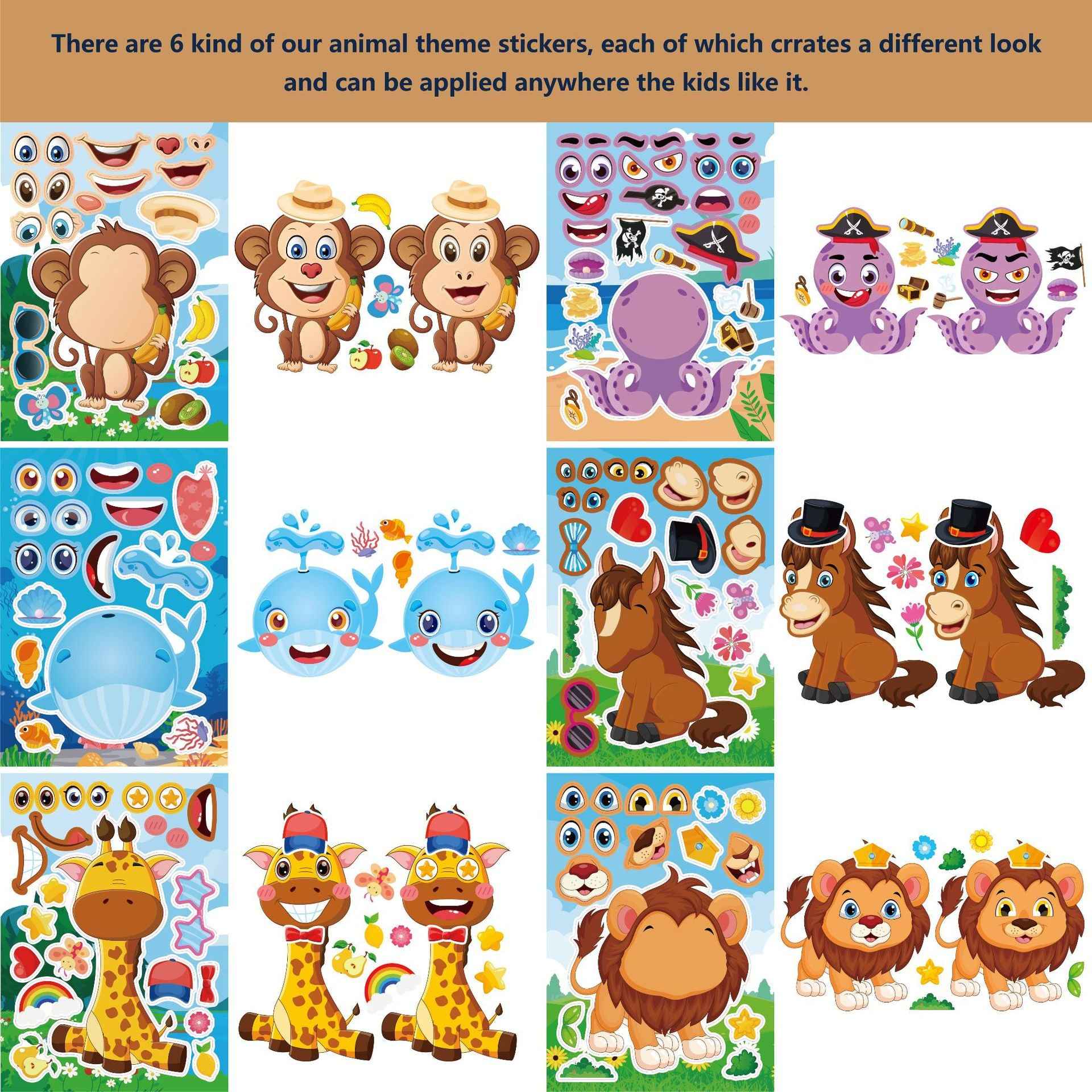 Make a Face Cartoon Animal Zoo DIY Stickers for Kids 24 Sheets