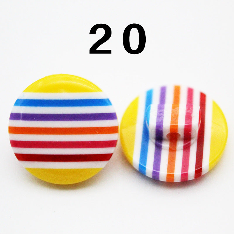 Rainbow striped resin buttons, yellow base with multicolor horizontal stripes, round shank