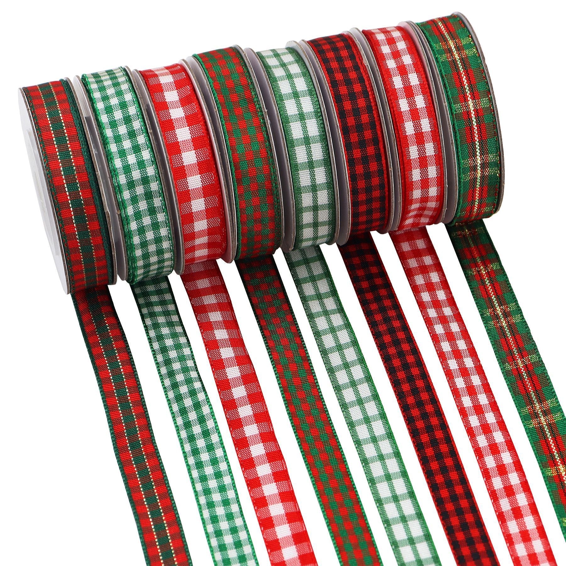 10mm knit Christmas ribbon (8-pack): red/green plaid with gold trim, spools
