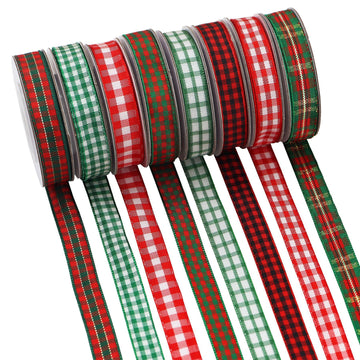 10mm knit Christmas ribbon (8-pack): red/green plaid with gold trim, spools