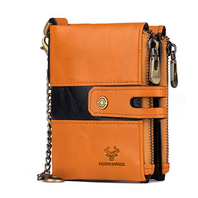 Men's Retro Leather Wallet,Double Zipper Light Brown