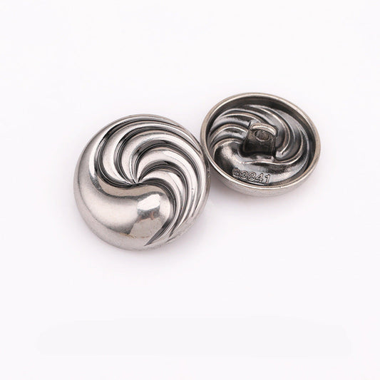 Silver spiral textured round metal shank button, front with decorative swirl pattern