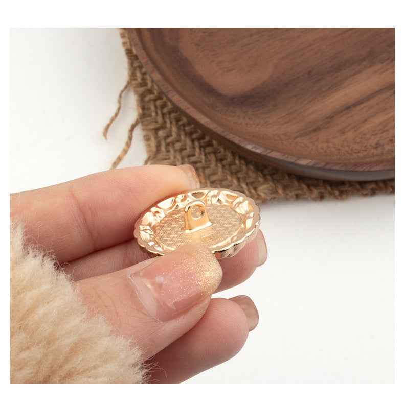 Round button back with gold-tone metal shank and decorative edge