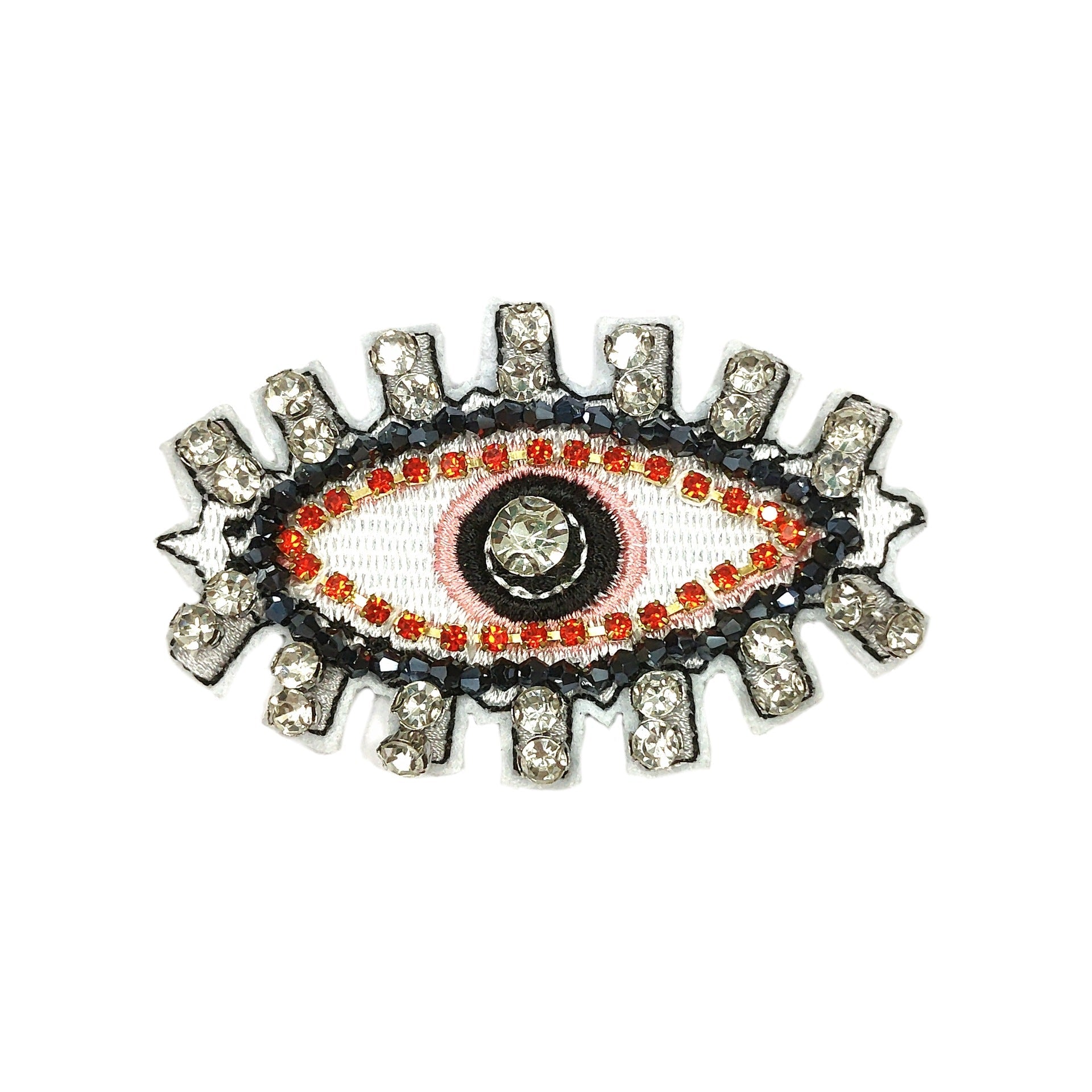 Beaded eye applique patch with black outline, red dots, and clear rhinestone spikes