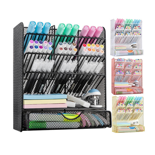 Metal Pen Holder Desk Organizer with 10 Compartments and 1 Drawer