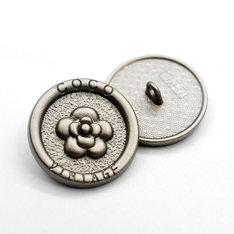 23mm nickel round coat button with floral metal shank detail