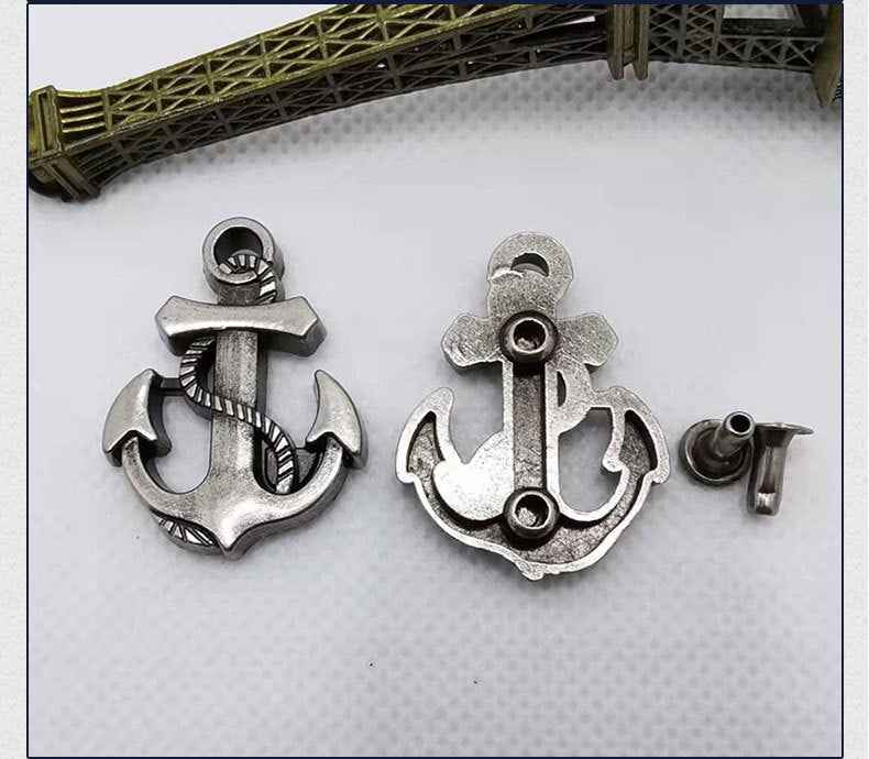 Antique silver anchor rivet stud front with round emblem plate and one back cap
