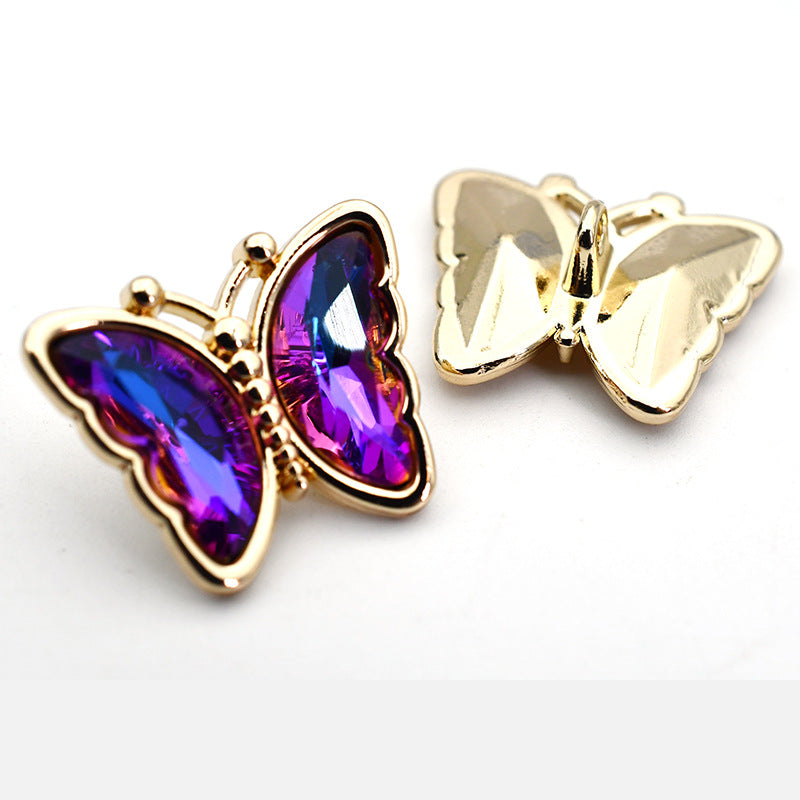 Butterfly crystal glass metal shank buttons, purple and gold iridescent gems, gold-tone