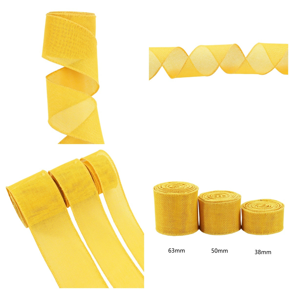 Yellow cotton ribbon garden ties, 3 pack—38mm, 50mm, 63mm rolls.