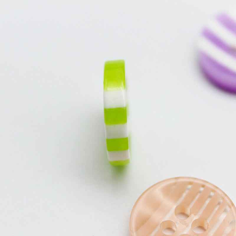 Striped resin 4-hole button, lime green stripes on white